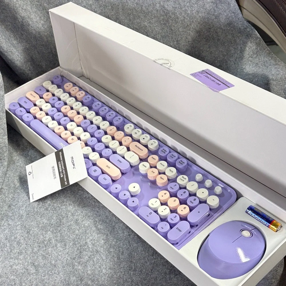MOFII Wireless Keyboard &Mouse ComboFull-Size Retro Typewriter-Style purple rose